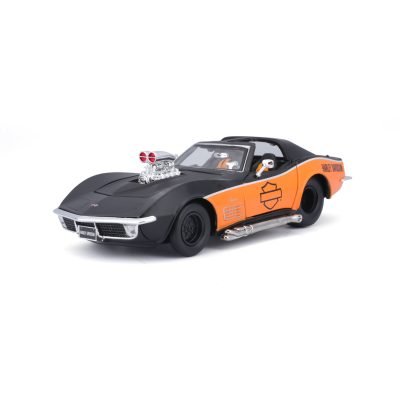 Auto Chevy Corvette 1970 Harley Davidson a Escala 1:25 color negro/naranja