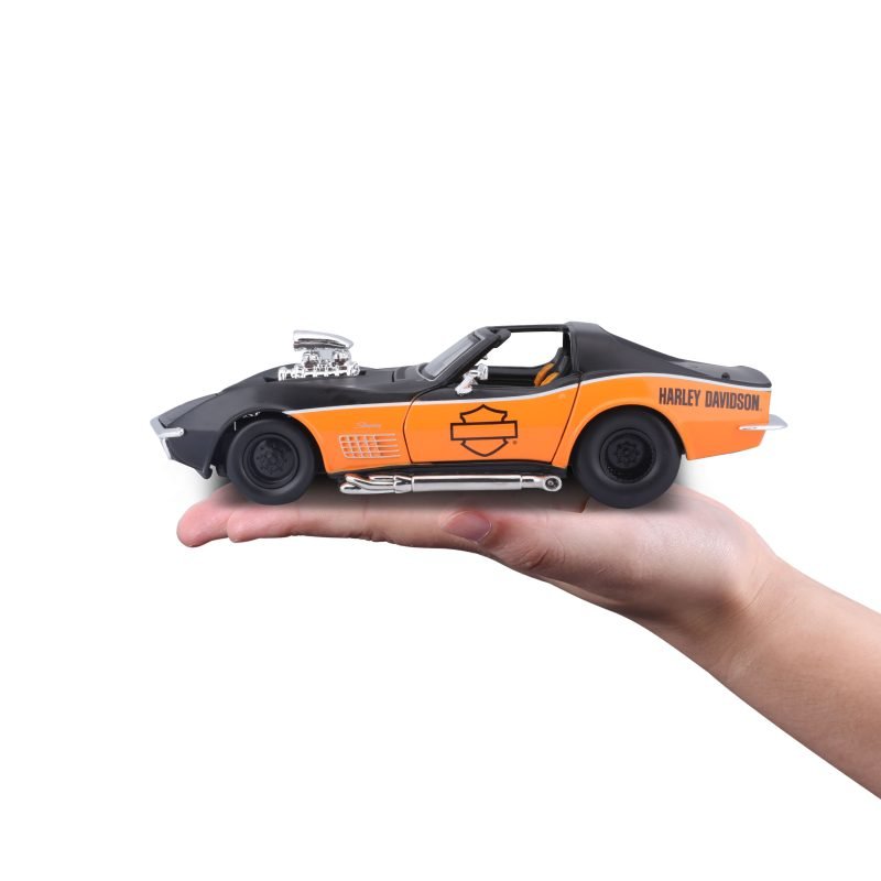 Auto Chevy Corvette 1970 Harley Davidson a Escala 1:25 color negro/naranja - Image 2