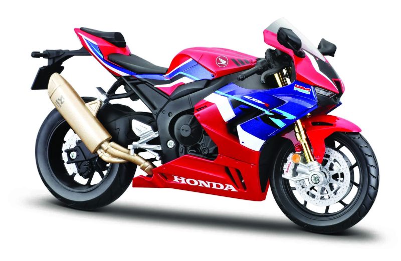 Maisto Honda CBR 1000RR-R Fireblade: modelo de motocicleta escala 1:12 con suspensión y soporte lateral plegable de 17 cm, rojo/azul (5-20099)_0