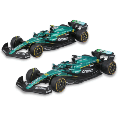 Paquete Aston Martin AMR25 2025 con casco Alonso #14 y Stroll #18
